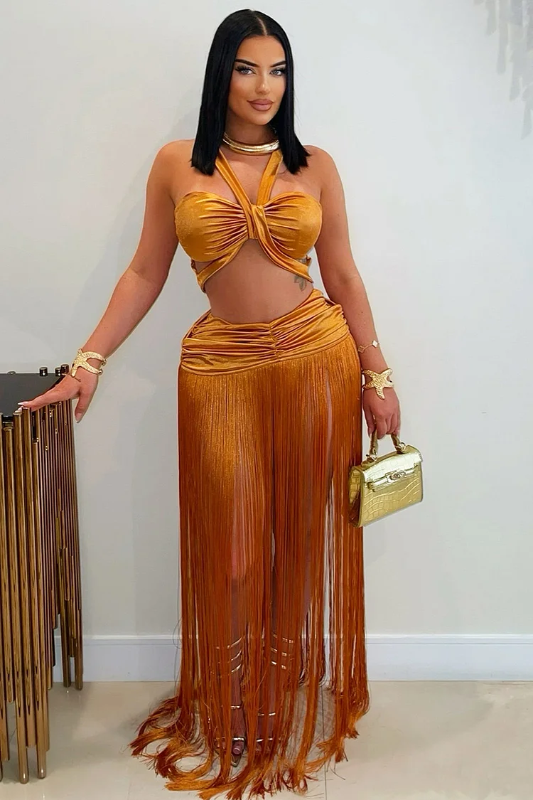Gathered Halter Crop Top Fringe Maxi Skirt Party 2pcs Set-Orange