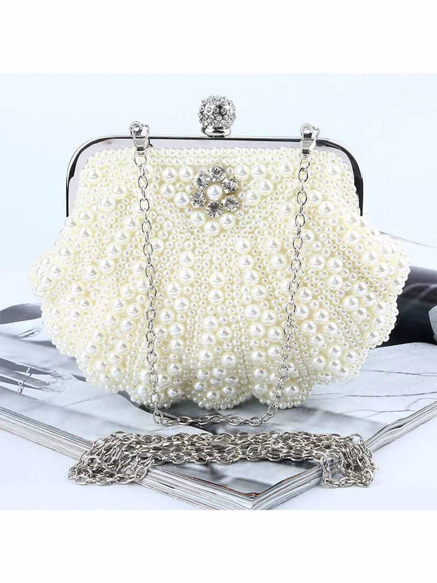 Luxury Shell-shaped Pearl Rhinestone Decoration Dinner Clutch Bag