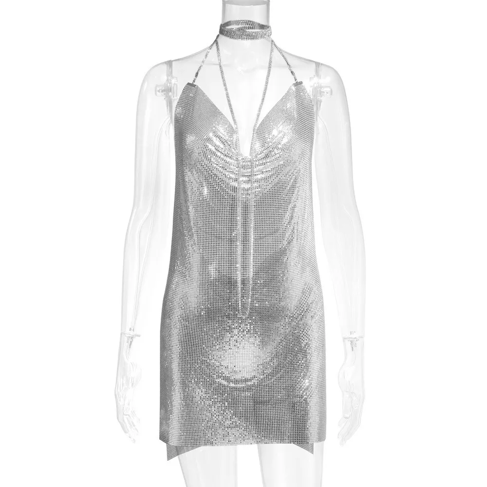 Uveng Uveng Station Fashion Nightclub Low Back Strapless Deep V Metal Dress