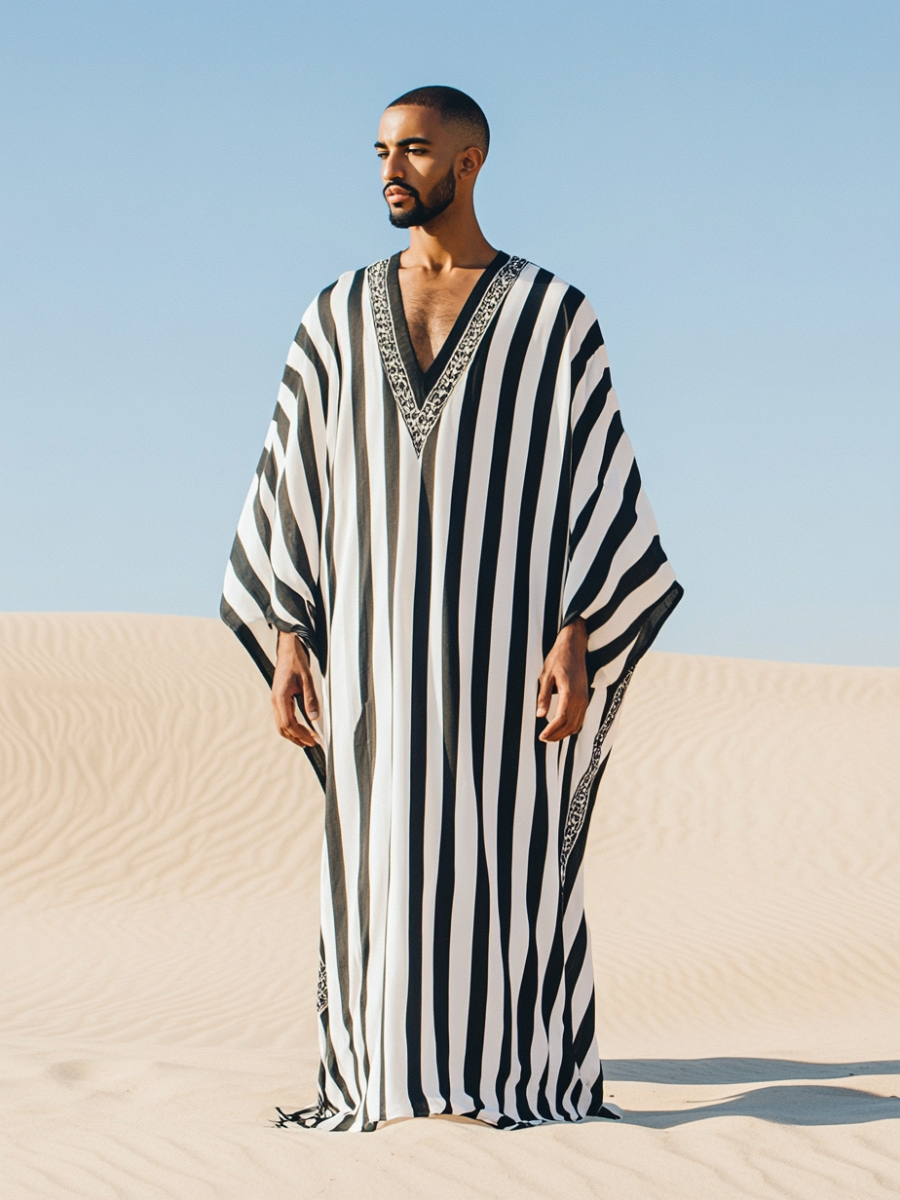 Men's Black and White Striped Polyester V-Neck Robe