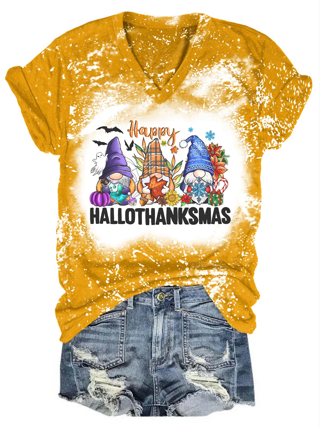 Hallothanksmas Gnomes Print Tie Dye T-shirt