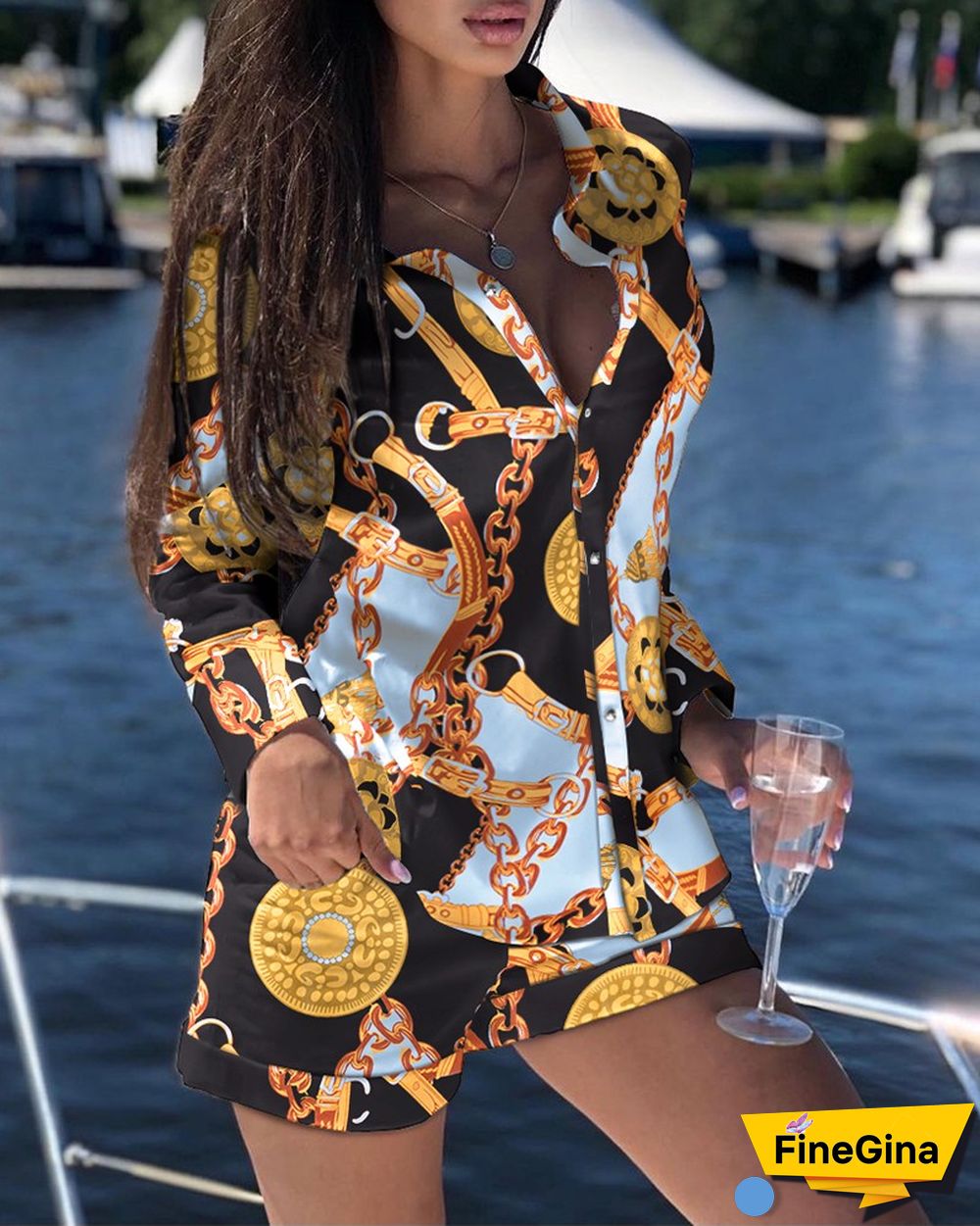 Chain Pint Buttoned Top & Pocket Design Shorts Set