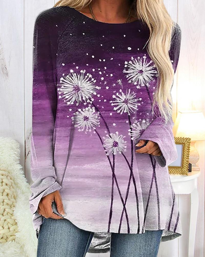 Dandelion Pattern Casual Long Sleeve Top