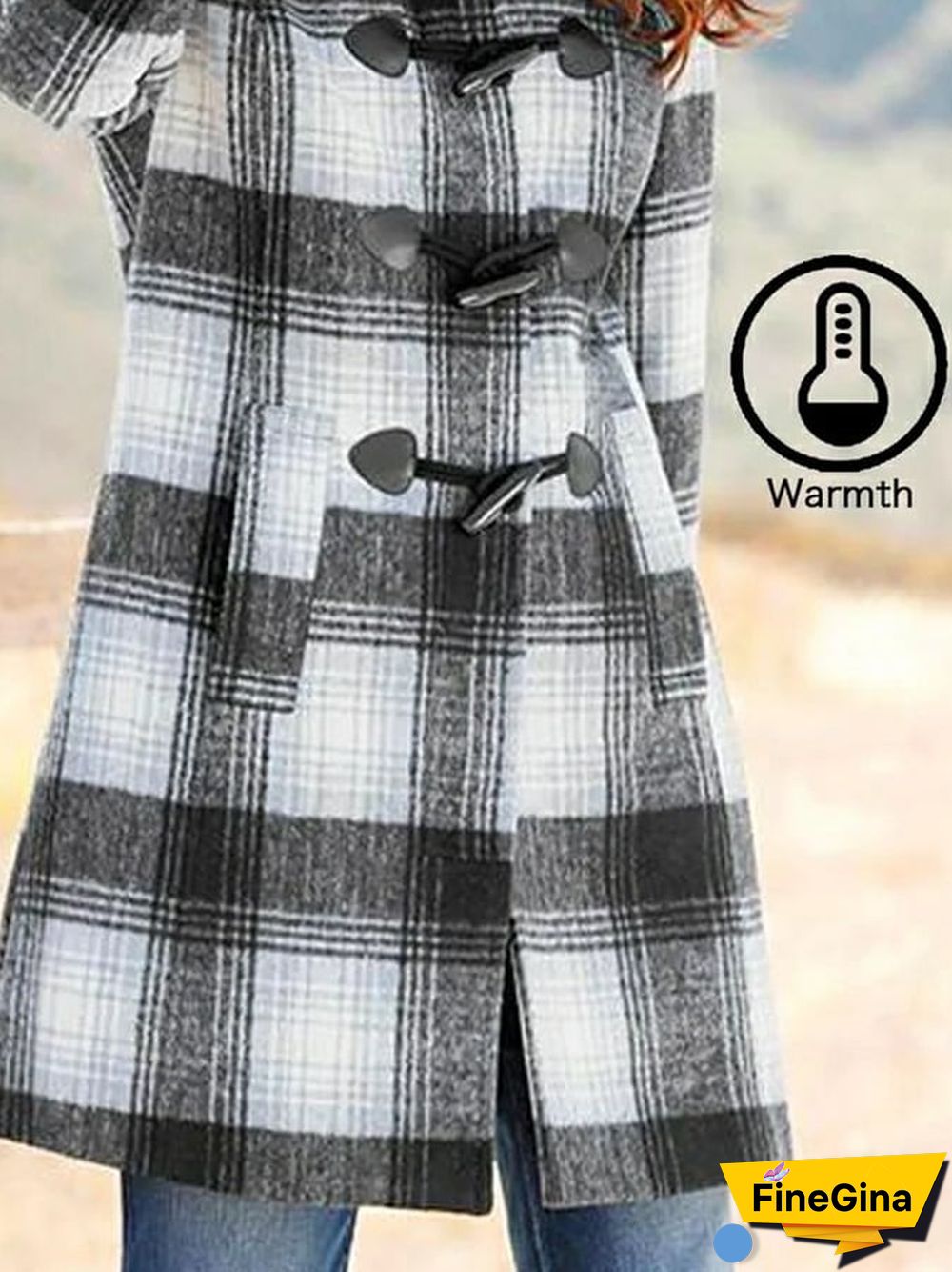 Women's Fashion Open Pocket Button Hooded Plaid Coat