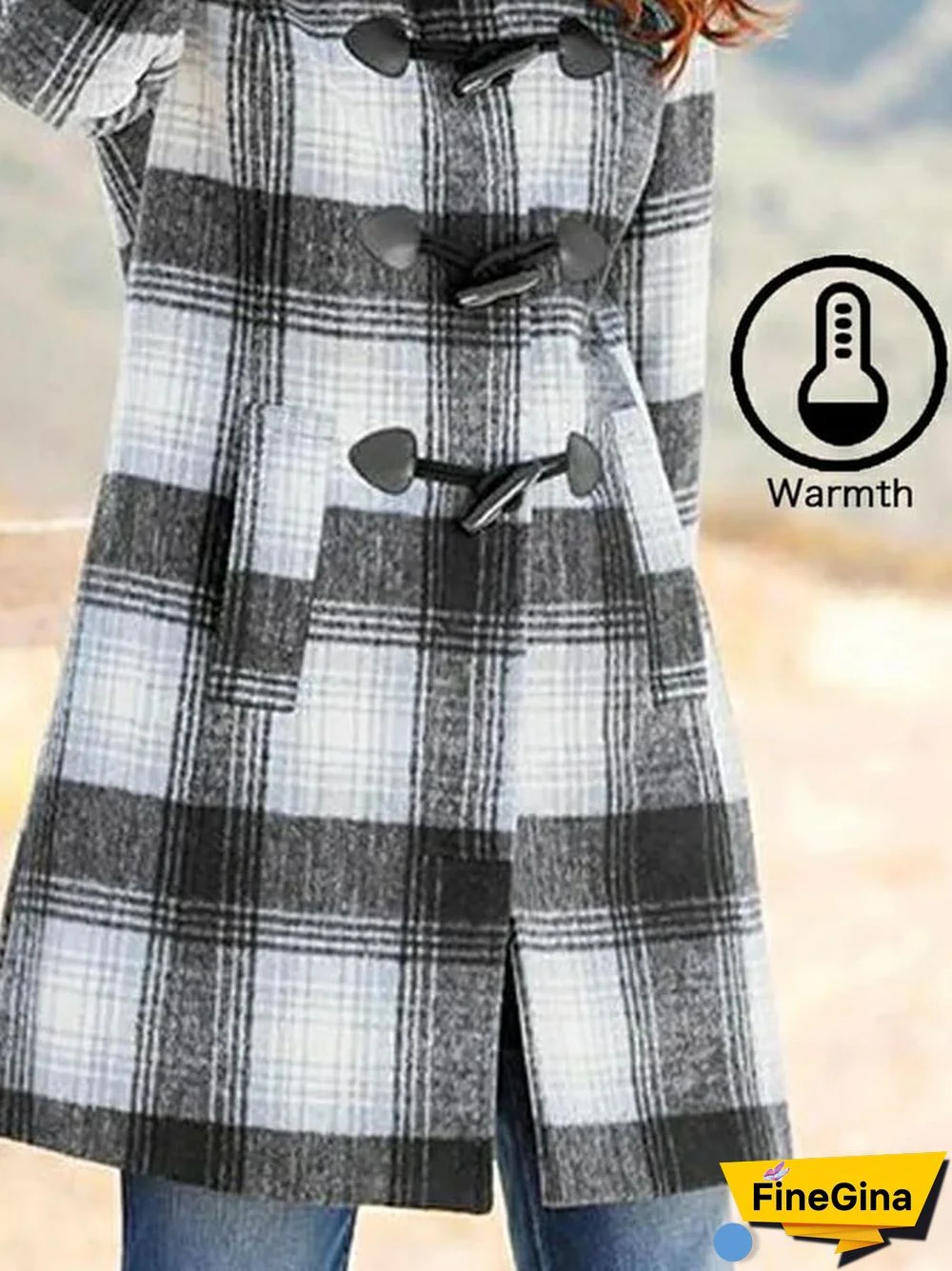 Women's Fashion Open Pocket Button Hooded Plaid Coat