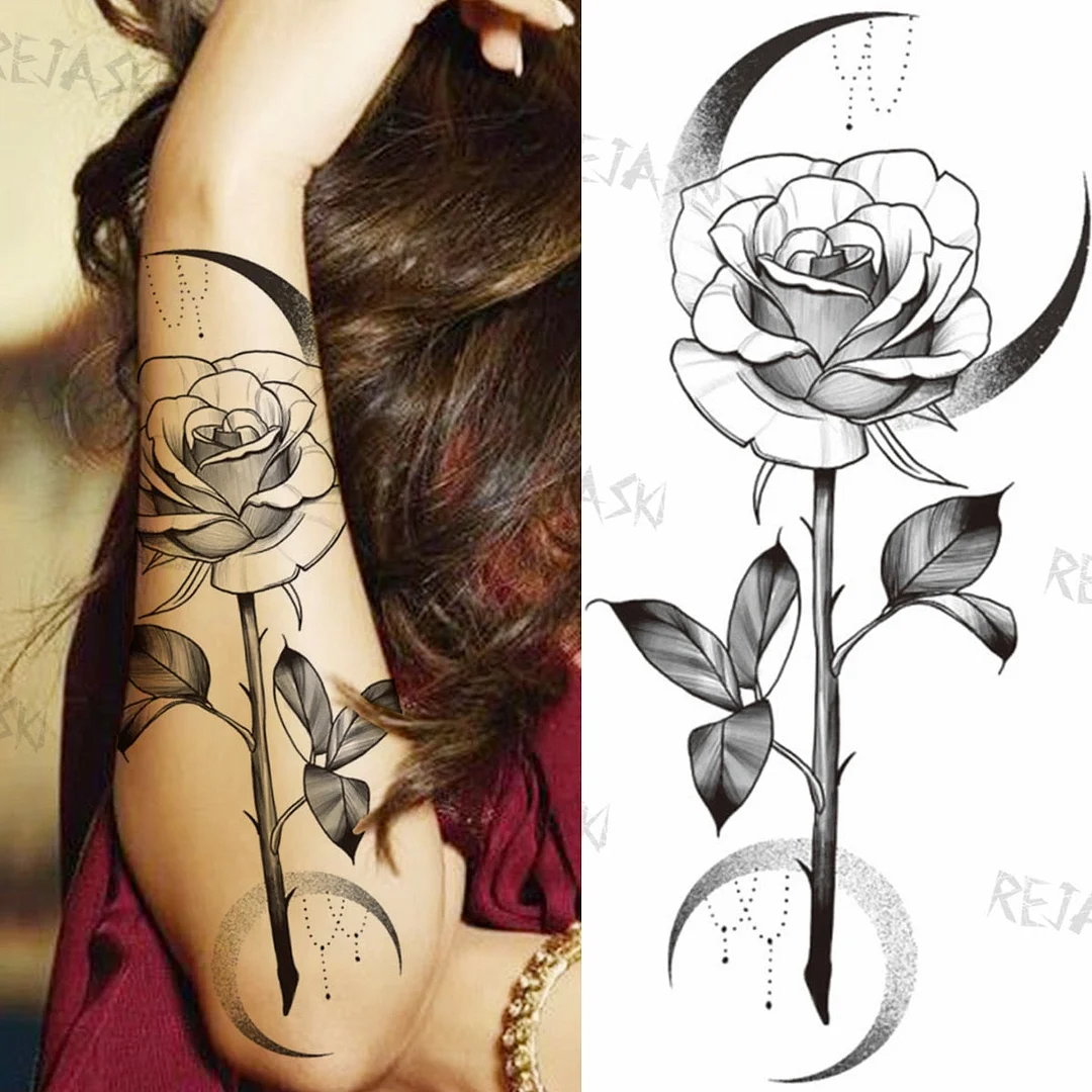 Sexy Snake Flower Fake Temporary Tattoo For Women Black Sunflower Tattoos Bloosom Big Daisy Camellia Water Transfer Tatoos Legs