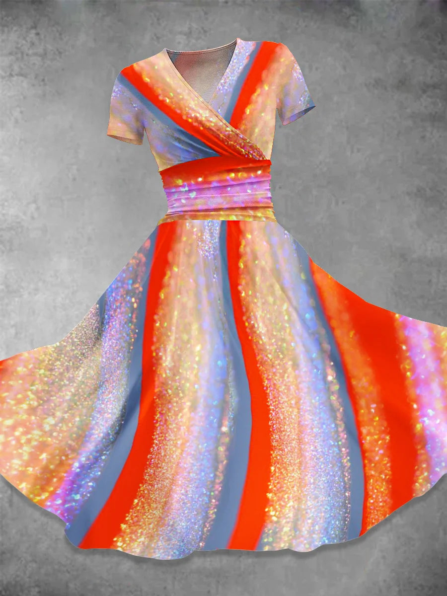 Elegant Ribbon Art Print V-Neck Short Sleeve Midi Dress