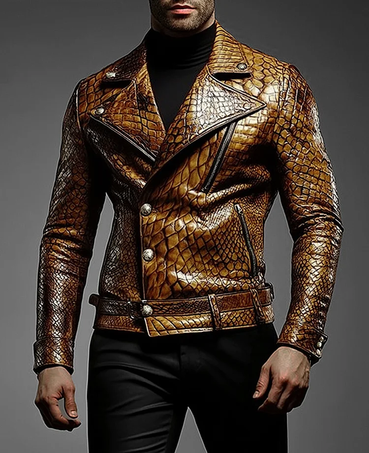 Okaywear Snake Skin Pattern PU Leather Lapel Button Jacket Okaywear