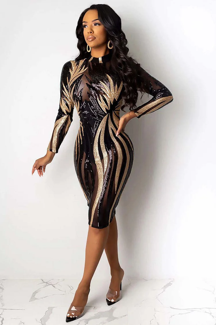 See-Through Mesh Sequins Pattern Long Sleeve Bodycon Party Midi Dresses-Black
