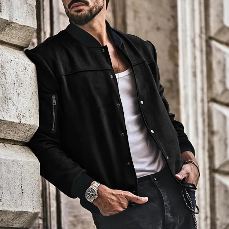 Utbros Men's Suede Stand Collar Button Jacket