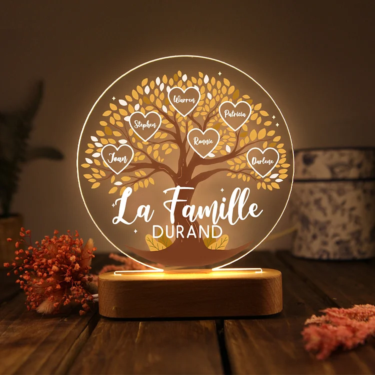 Lampe de chevet Arbre de Vie LED Lumières 6 Prénoms et 1 Texte Personnalisés pour Famille Jessemade FR