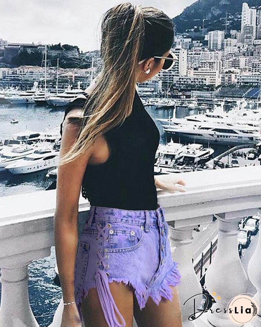 Macaron Purple Button Bandage Jeans Shorts