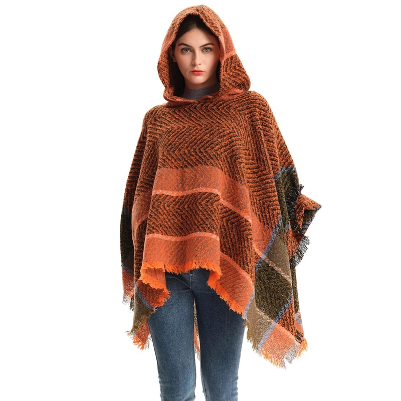 Factory Direct Supply New Spring And Autumn And Winter Fish Bone Pattern Ladies Hooded Shawl Pullover Cloak