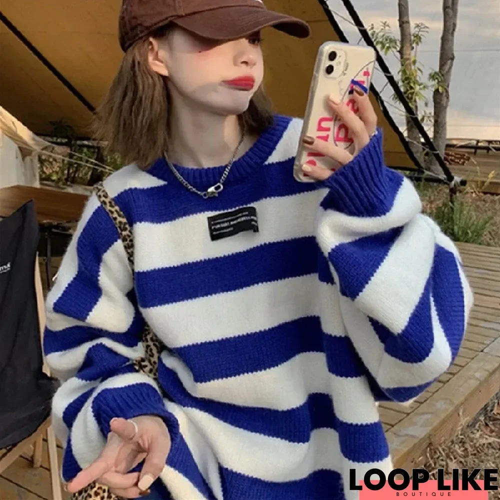 Blue Stripe Loose Retro Japanese Lazy Sweater