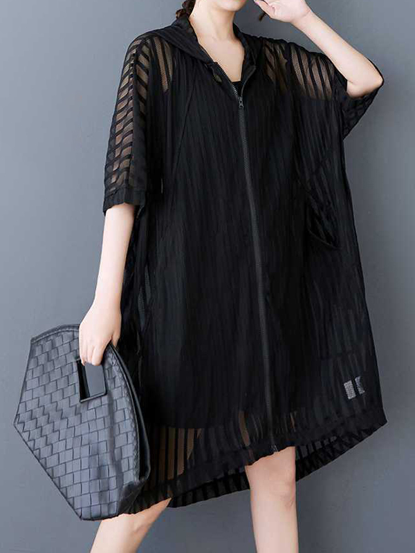 Mesh stripe See Through Short Sleeve Shirt Midi Dress