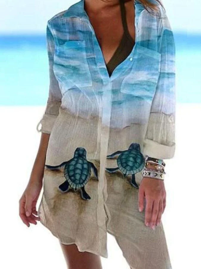 Casual Turtle Print Long-Sleeve Shirt