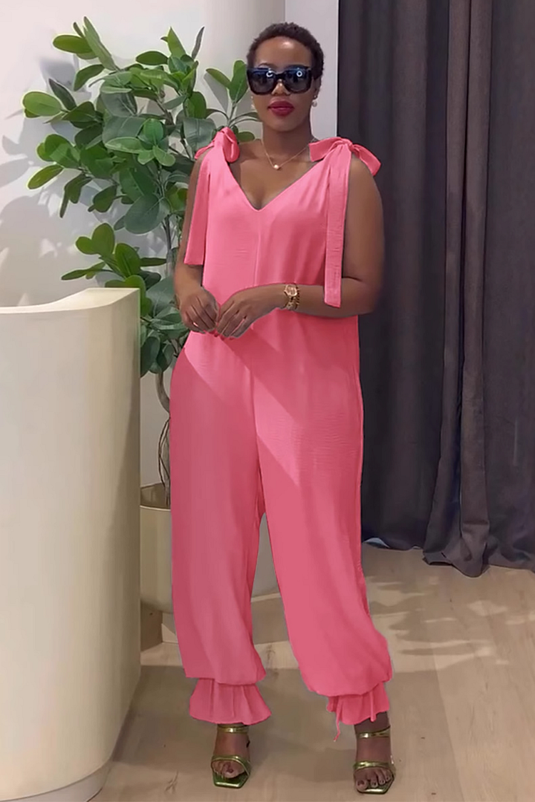 Sleeveless Tie Up Shoulder Straps V Neck Solid Color Cuffed Jumpsuit-White