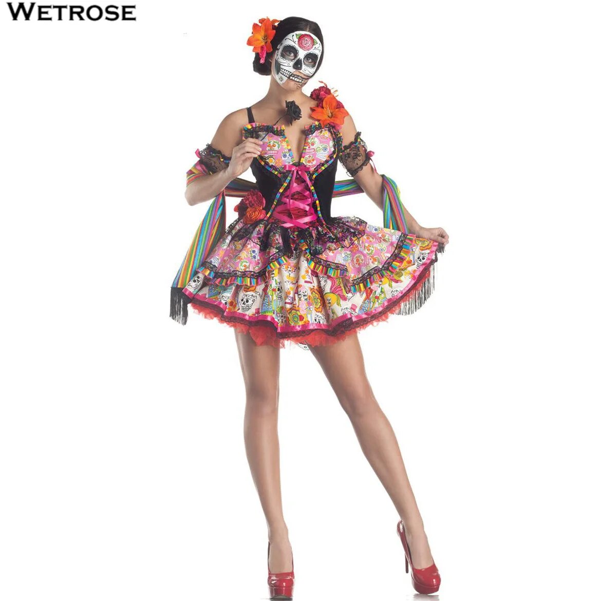 [Wetrose] In Stock Skeleton Dress Cosplay Costume Halloween Woman El Día de los Muertos Finados Day of the Dead Full Set
