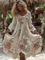 Women's Vintage Romantic White Rose Embroidery Art Comfy Linen Maxi Dress