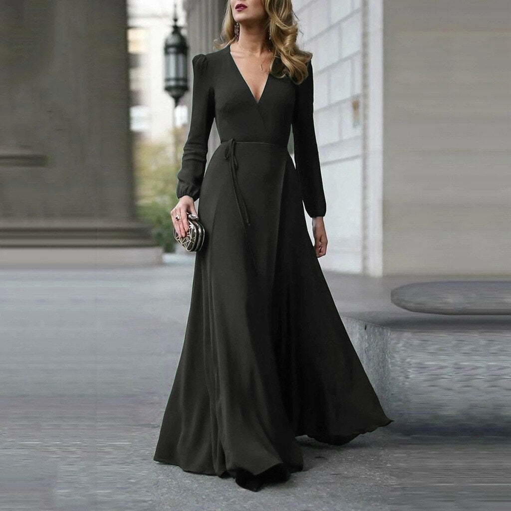 Llyge Elegant Women V Neck Long Sleeve Satin Sundress Stylish Solid A-Line Maxi Casual High Waist Vestido Robe Party Long Dress llyge