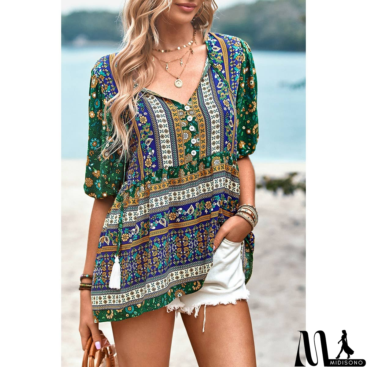 MidiSono - Floral Print Button Deep V Color Block Loose Fit Top