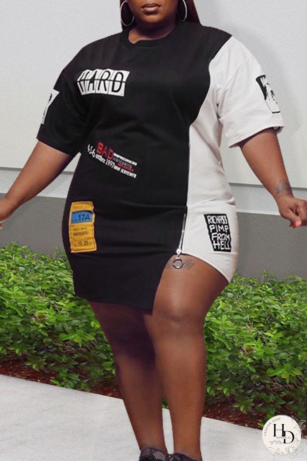 Black Red Fashion Plus Size Print Patchwork Zipper O Neck Short Sleeve Dress