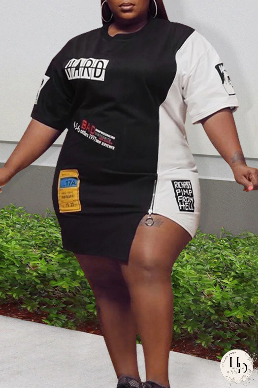 Black Red Fashion Plus Size Print Patchwork Zipper O Neck Short Sleeve Dress