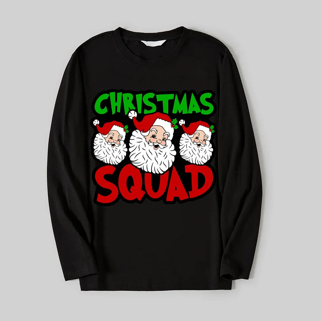 "Santa Squad" and Santa Claus Print Black Top with Red & Green Plaid Pants Family Matching Pajama