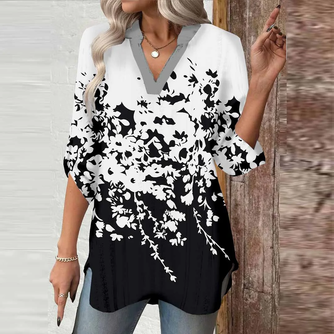 Women Leaf, Black, White DZGA0541 3/4 Sleeve V-neck Printed Graphic Button Tops