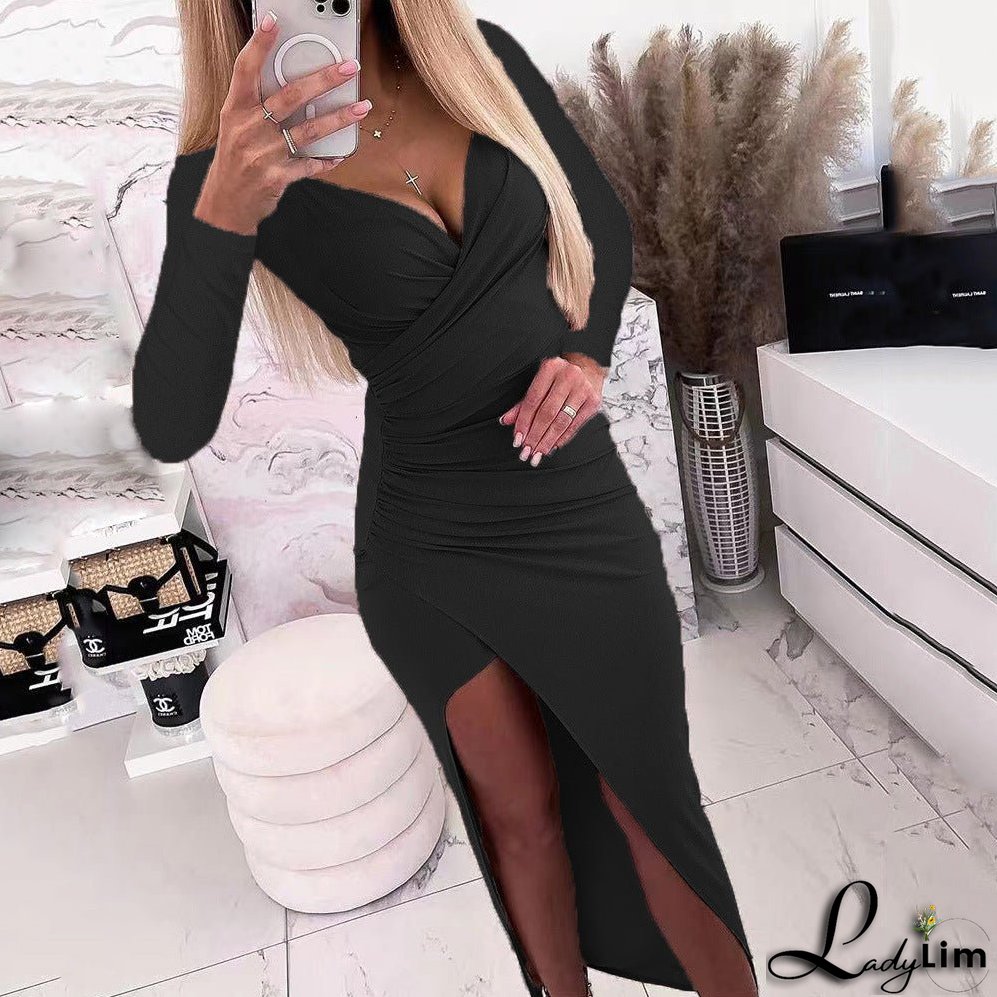 Women's Fashion Long Sleeve Shiny Long-sleeved Dinner Dress