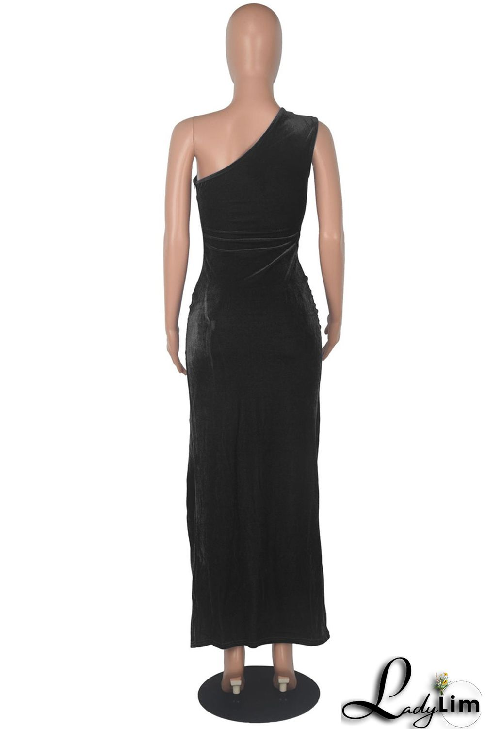 Blue Fashion Sexy Solid Backless Slit Oblique Collar Sleeveless Dress
