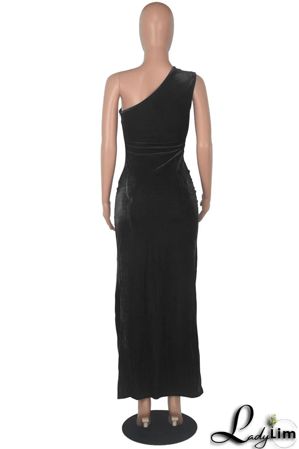 Blue Fashion Sexy Solid Backless Slit Oblique Collar Sleeveless Dress