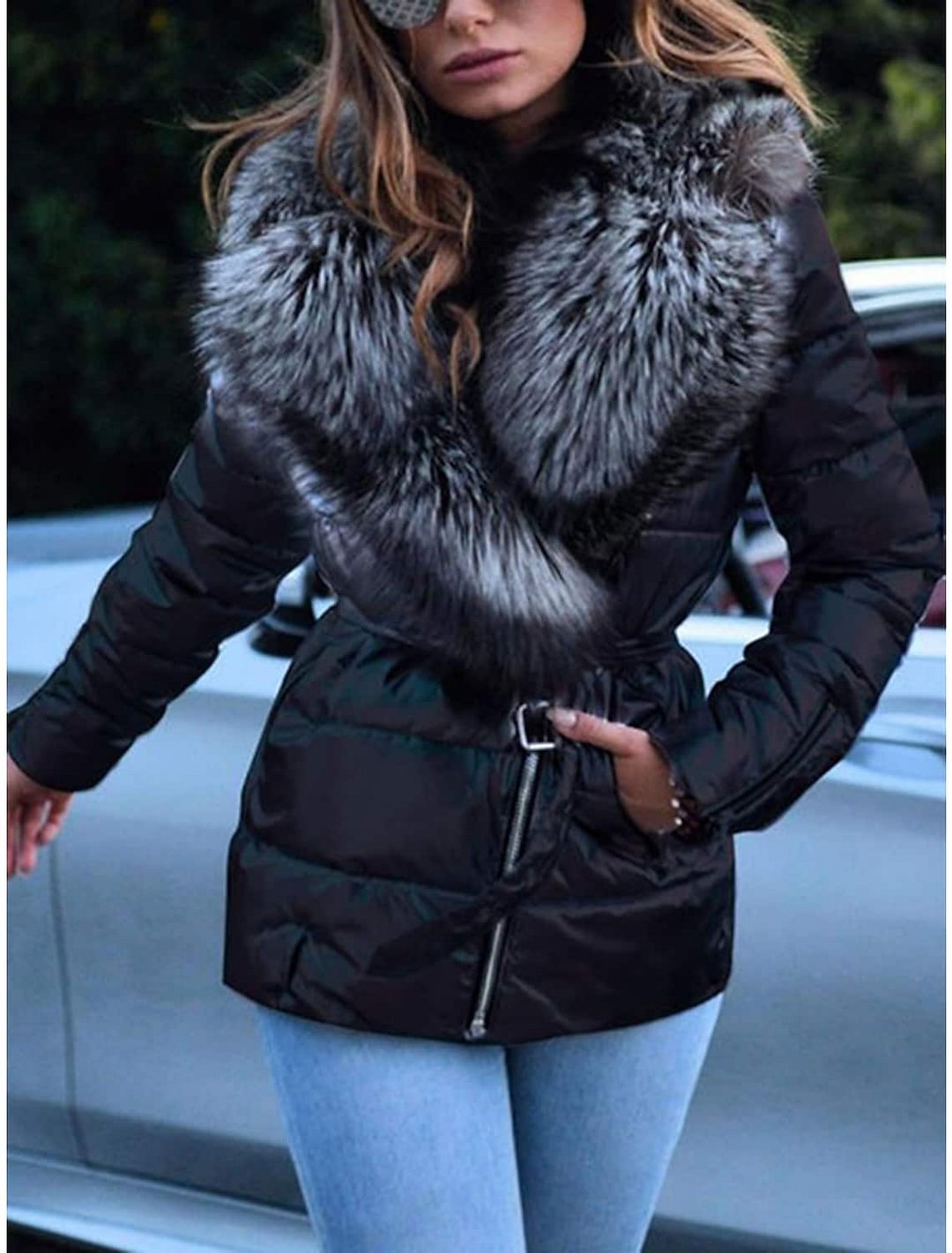 Fashion fur collar stitching solid color hooded down jacket