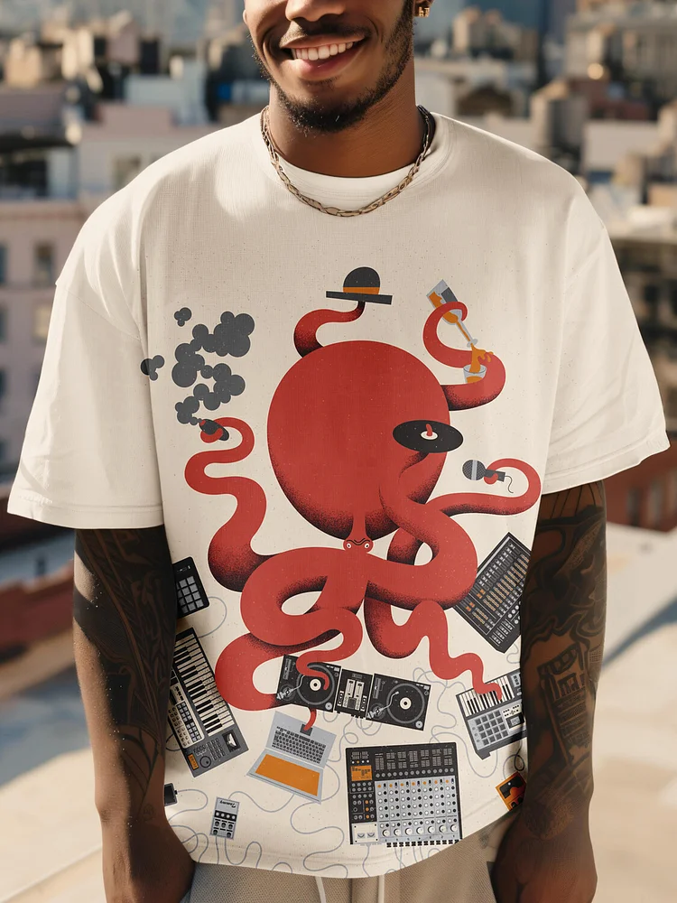 Men's Octopus DJ Abstract Art Print Casual T-Shirt