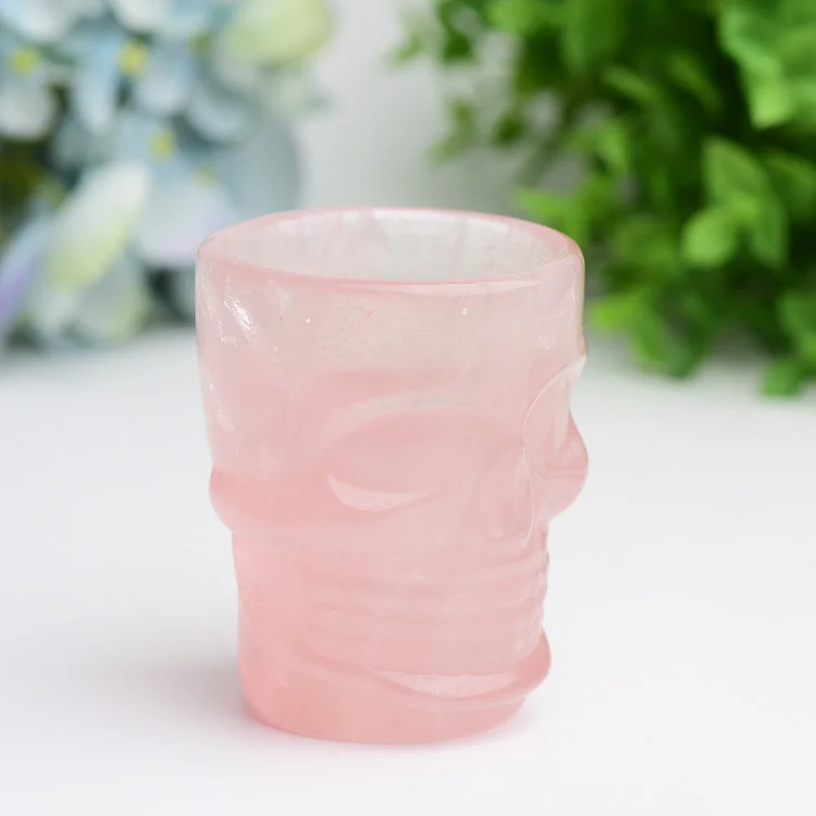 2.8" Rose Quartz Cup with Skull Carving Decor for