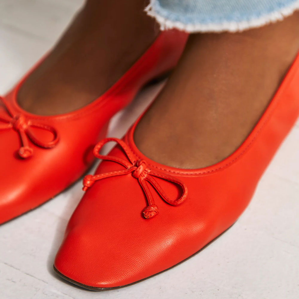 Orange Vegan Leather Square Toe Flat Slip-On Ballet Shoes with Bow Nicepairs