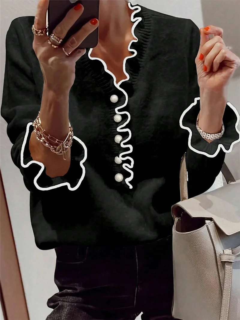 Athvotar Athvotar Women's Clothing 2025 Autumn And Winter Fashion Bumpy Wood Ear Pearl Button Long Sleeve V Collar Sweater T-Shirt