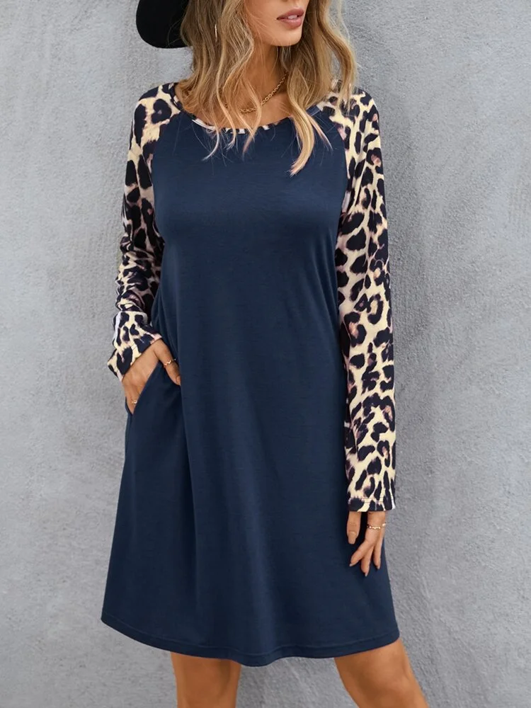 Leopard Print Patchwork Long Sleeve Pocket Casual Dress For Women