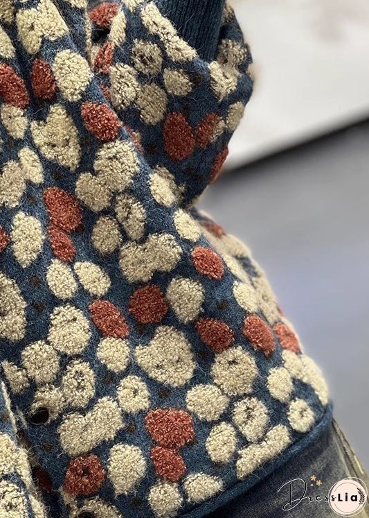 Stylish Blue O Neck Jacquard Plus Size Knit Sweaters Coats Fall