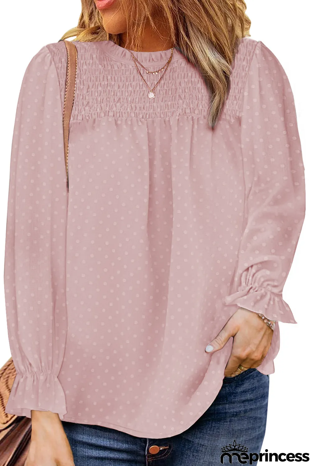 Pink Swiss Dot Smocked Long Sleeve Top