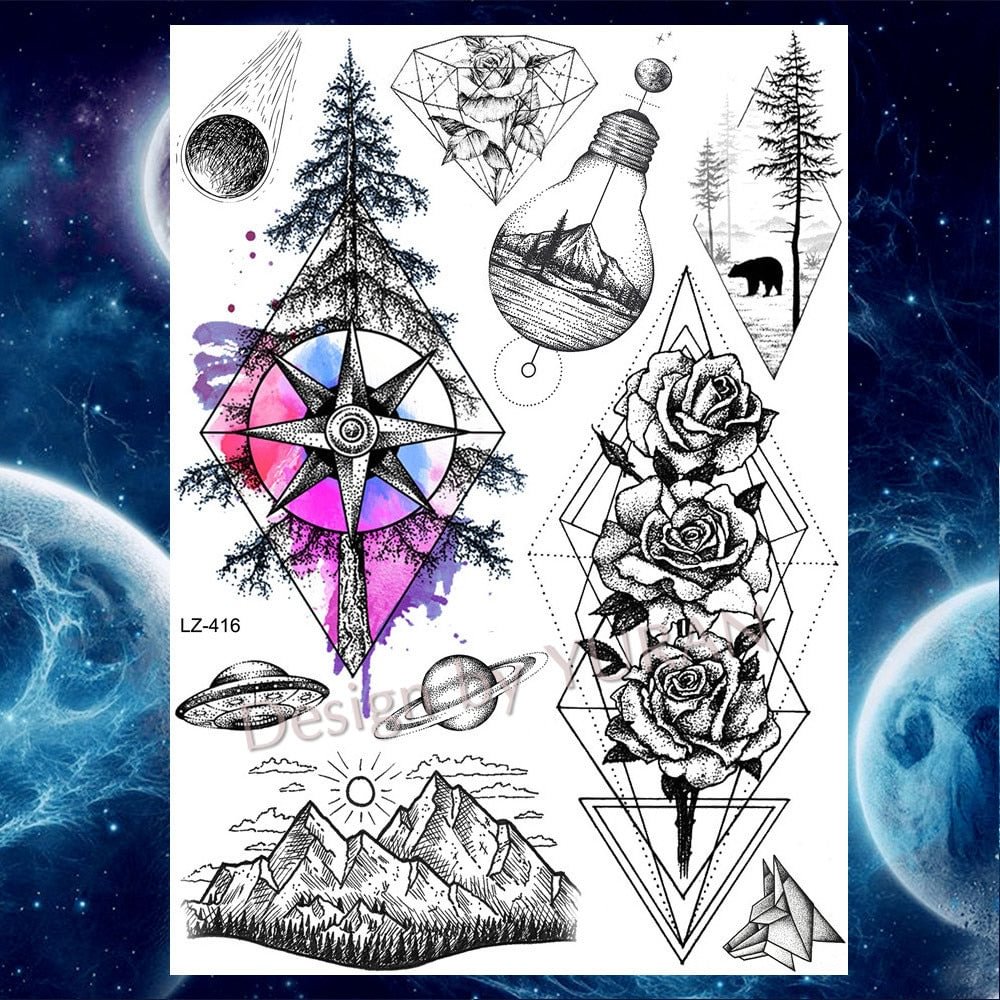 Black Diamond Geometry Owl Temporary Tattoo Sticker WOmen Fake Henna Waterproof Tattoo Decals 21*15CM Crystal Body Art ARm Tatoo