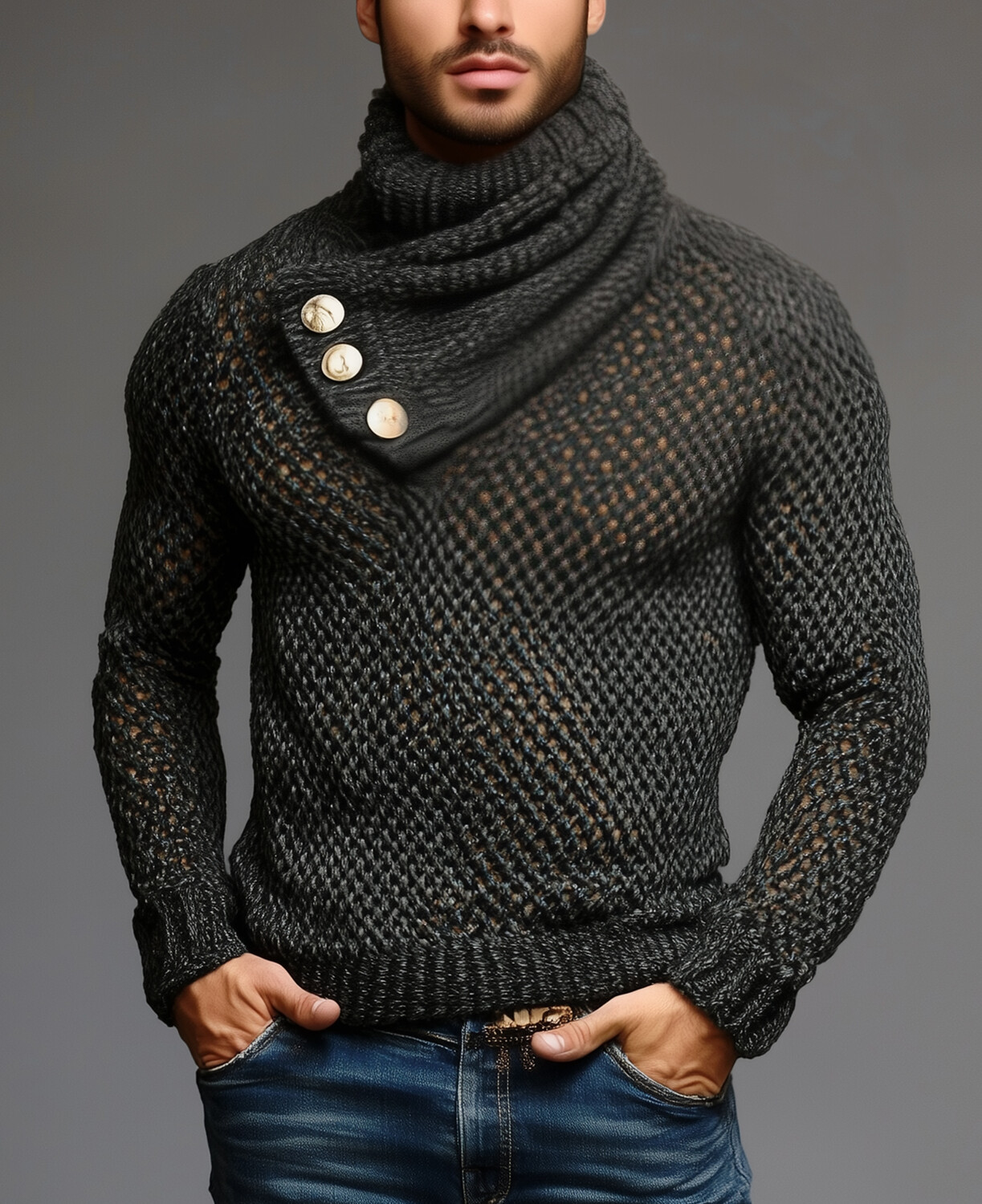 Okaywear Turtle Neck Button Long Sleeve Hollow Knitted Sweater