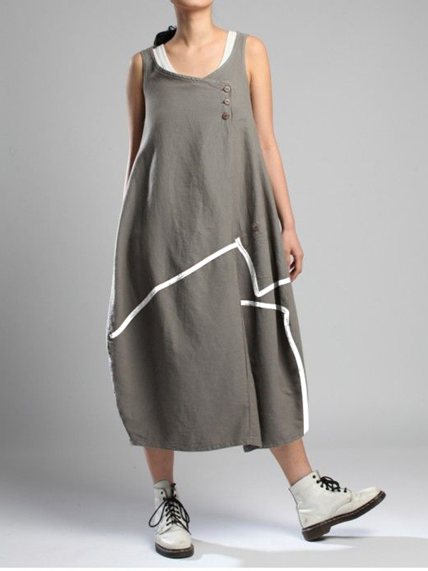 Strap Round Neck Button Contrast Color Midi Dress