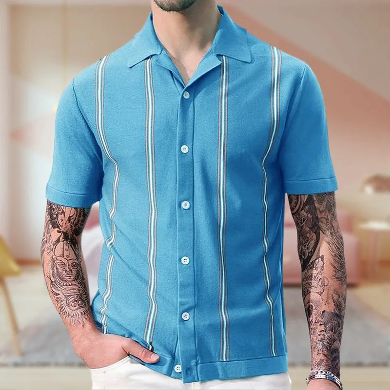 Uveng Uveng Men's New Sleeves Summer Striped Knits Suit Collar Short-Sleeved Business POLO Shirt SY0123