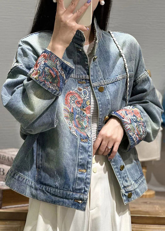 VCSHOES Loose Blue Embroidered Button Patchwork Denim Coat Fall