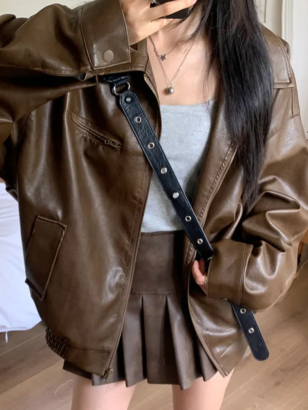 Vintage Brown Lapel Neck Zip Up Leather Jacket