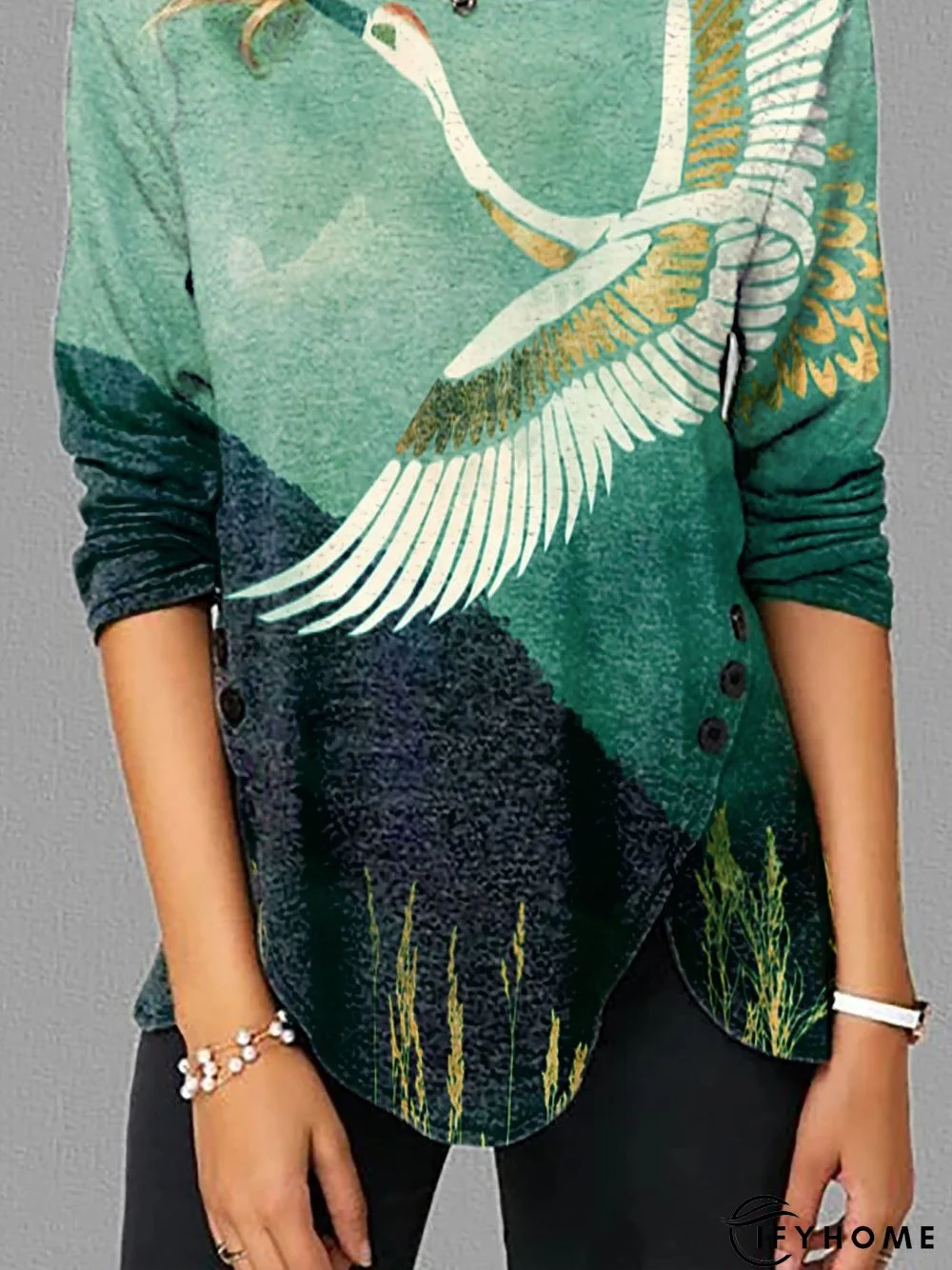 Crew Neck Cotton-Blend Casual Printed Tunic Sweatshirt | IFYHOME