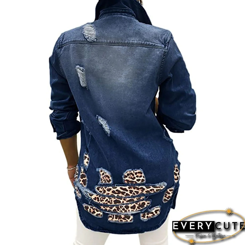 Navy Blue Spliced Leopard Patches Denim Jacket