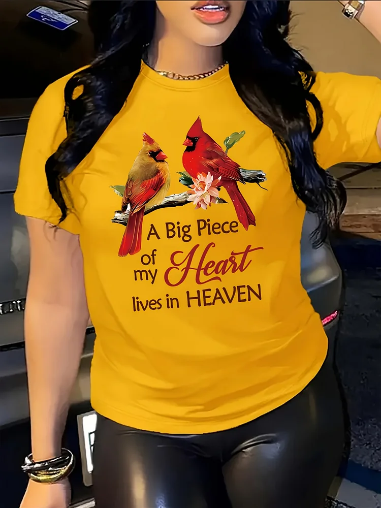 Summer Bird Print T-Shirt - Live In Paradise, Short Sleeve Crew Neck Casual Top For Women