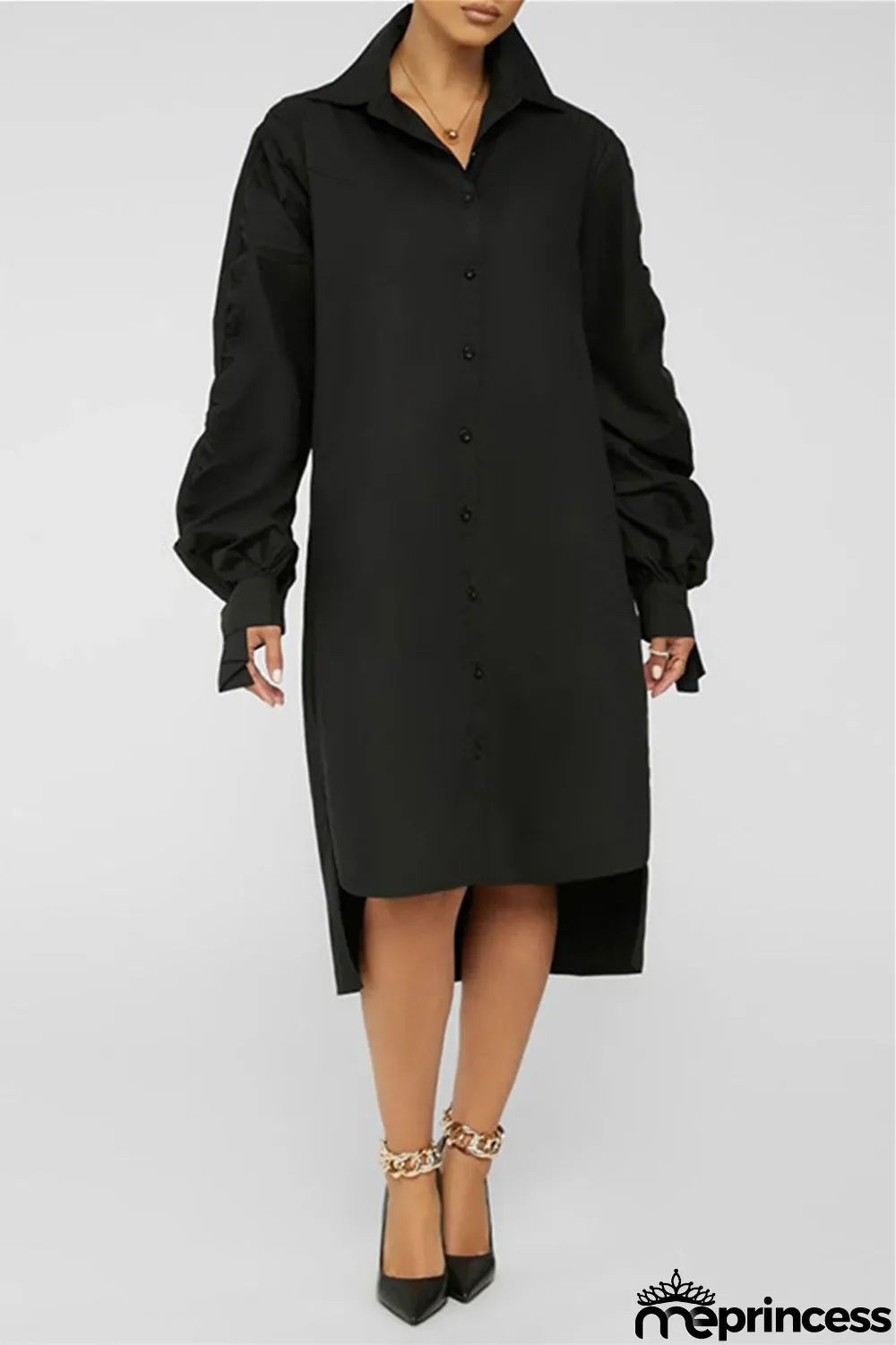 White Fashion Casual Solid Slit Turndown Collar Long Sleeve Shirt Dress